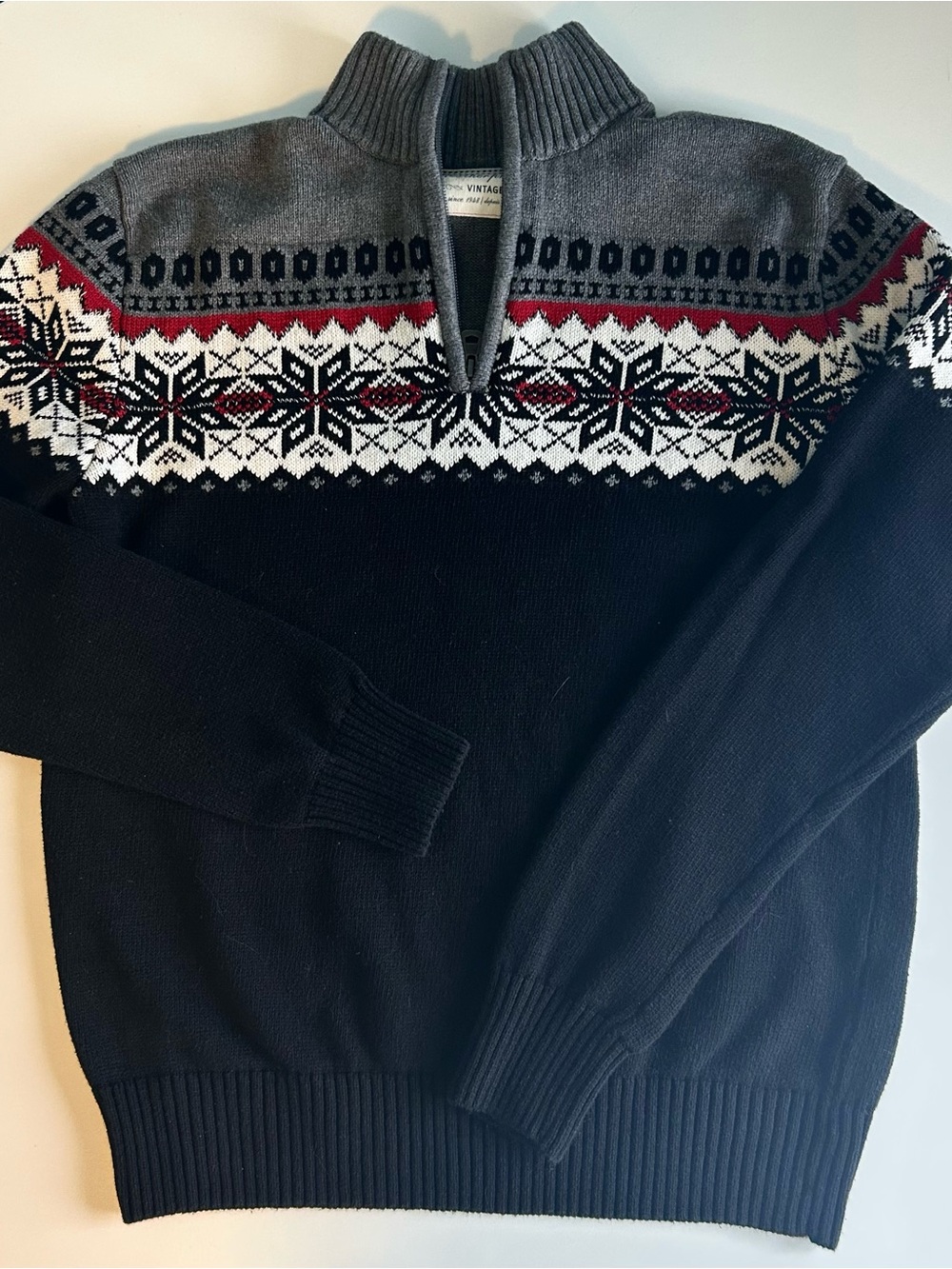 Weatherproof Vintage Black 1/4 Zip Sweater with Gray, White & Red Fair Isle
